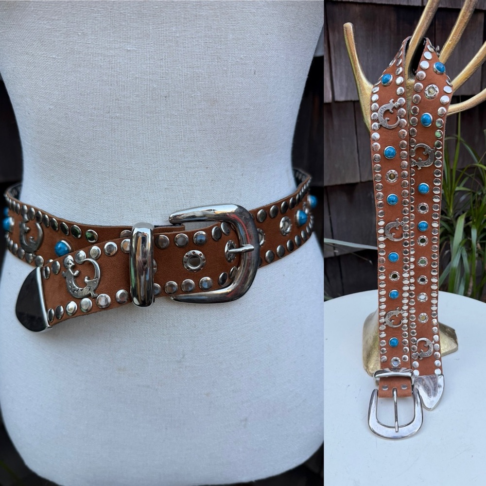 Vintage western belt brown leather silver tone studs geckos Sz S Signature Miami